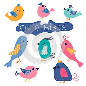 Cute colorful birds set in cartoon style. Bright colors. Vector isolated elements
